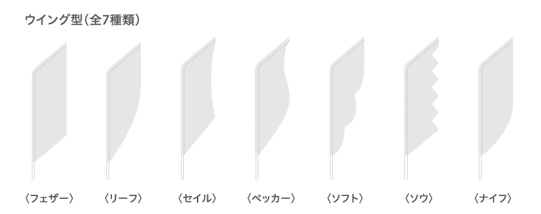 ウイング型（全7種類）〈フェザー〉〈リーフ〉〈セイル〉〈ペッカー〉〈ソフト〉〈ソウ〉〈ナイフ〉