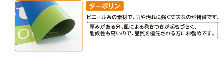 ターポリン　ビニール系の素材で、雨や汚れに強く丈夫なのが特徴です。　厚みがある分、風による巻きつきが起きづらく、耐候性も高いので、品質を優先される方にお勧めです。