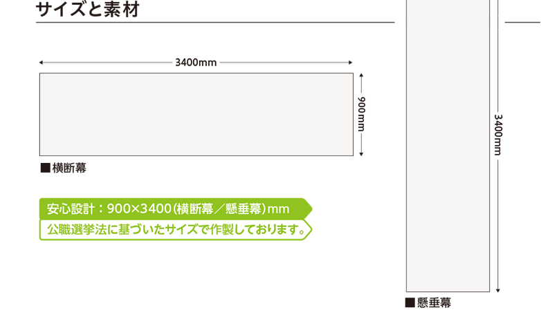 サイズと素材 安心設計 ： 900×3400（横断幕／懸垂幕）mm 公職選挙法に基づいたサイズで作製しております。■横断幕 W3400mm×H900mm ■懸垂幕 W900mm×H3400mm