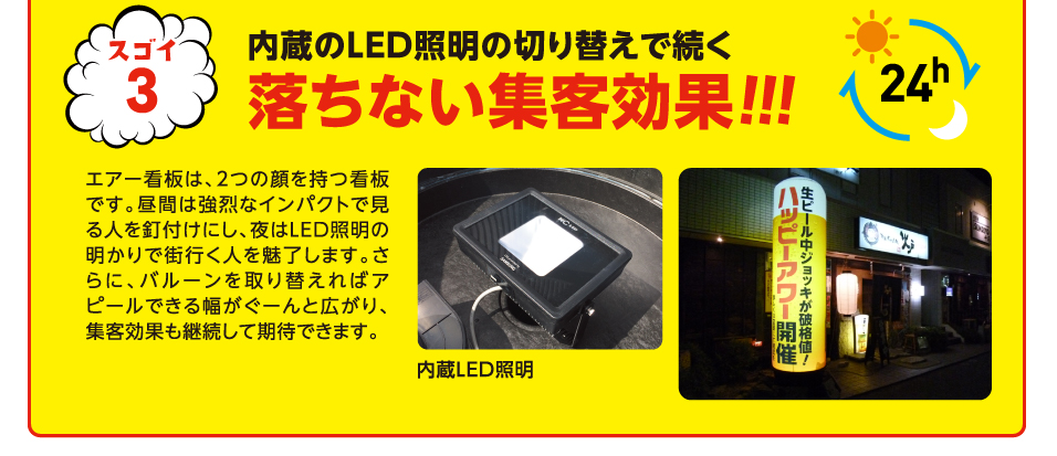 スゴイ3.内蔵のLED照明の切り替えで続く落ちない集客効果!!! エアポップサインは、2つの顔を持つ看板です。昼間は強烈な
        インパクトで見る人を釘付けにし、夜はLED照明の明かりで街行く人を魅了します。さらに、バルーンを取り替えればアピールできる幅がぐーんと広がり、集客効果も継続して期待できます。