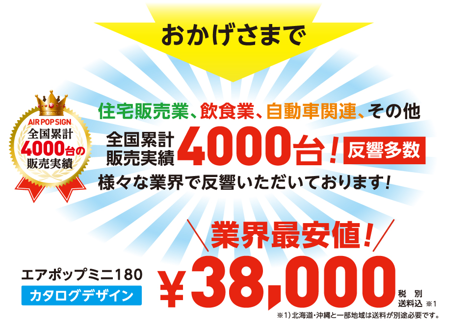 おかげさまで住宅販売業、飲食業、自動車関連、その他全国累計販売実績4000台！反響多数様々な業界で反響いただいております！
        エアポップmini180<カタログデザイン> ¥38,000税別 送料込(北海道・沖縄と一部地域は送料が別途必要です。)