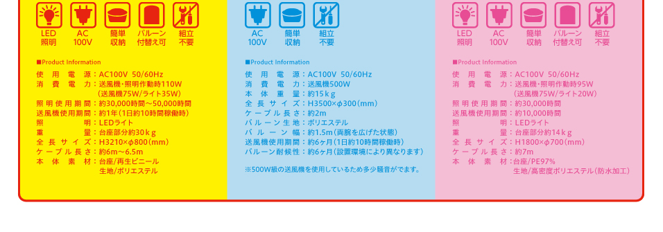 使用電源：AC100V 50/60Hz、消費電力：送風機・照明作動時110Ｗ（送風機75Ｗ/ライト35W）、照明使用期間：約30,000時間〜50,000時間、
		送風機使用期間：約1年（1日約10時間稼働時）、照明： LEDライト、重量：台座部分約30ｋｇ、全長サイズ：H3210×φ800（mm）、ケーブル長さ：約6m～6.5m、本体素材：台座/再生ビニール、生地/ポリエステル
        
        使用電源：AC100V 50/60Hz、消費電力：送風機500W、本体重量：約15ｋｇ、全長サイズ：H3500×φ300（mm）、ケーブル長さ：約2m、バルーン生地：ポリエステル、バルーン幅：約1.5m（両腕を広げた状態）、
        送風機使用期間：約6ヶ月（1日約10時間稼働時）、バルーン耐候性：約6ヶ月（設置環境により異なります）
        
        使用電源：AC100V 50/60Hz、消費電力：送風機・照明作動時95Ｗ（送風機75Ｗ/ライト20W）、照明使用期間：約30,000時間、送風機使用期間：約10,000時間、照明： LEDライト、重量：台座部分約14ｋｇ、
        全長サイズ：H1800×φ700（mm）、ケーブル長さ：約7m、本体素材：台座/PE97%、生地/高密度ポリエステル(防水加工)
